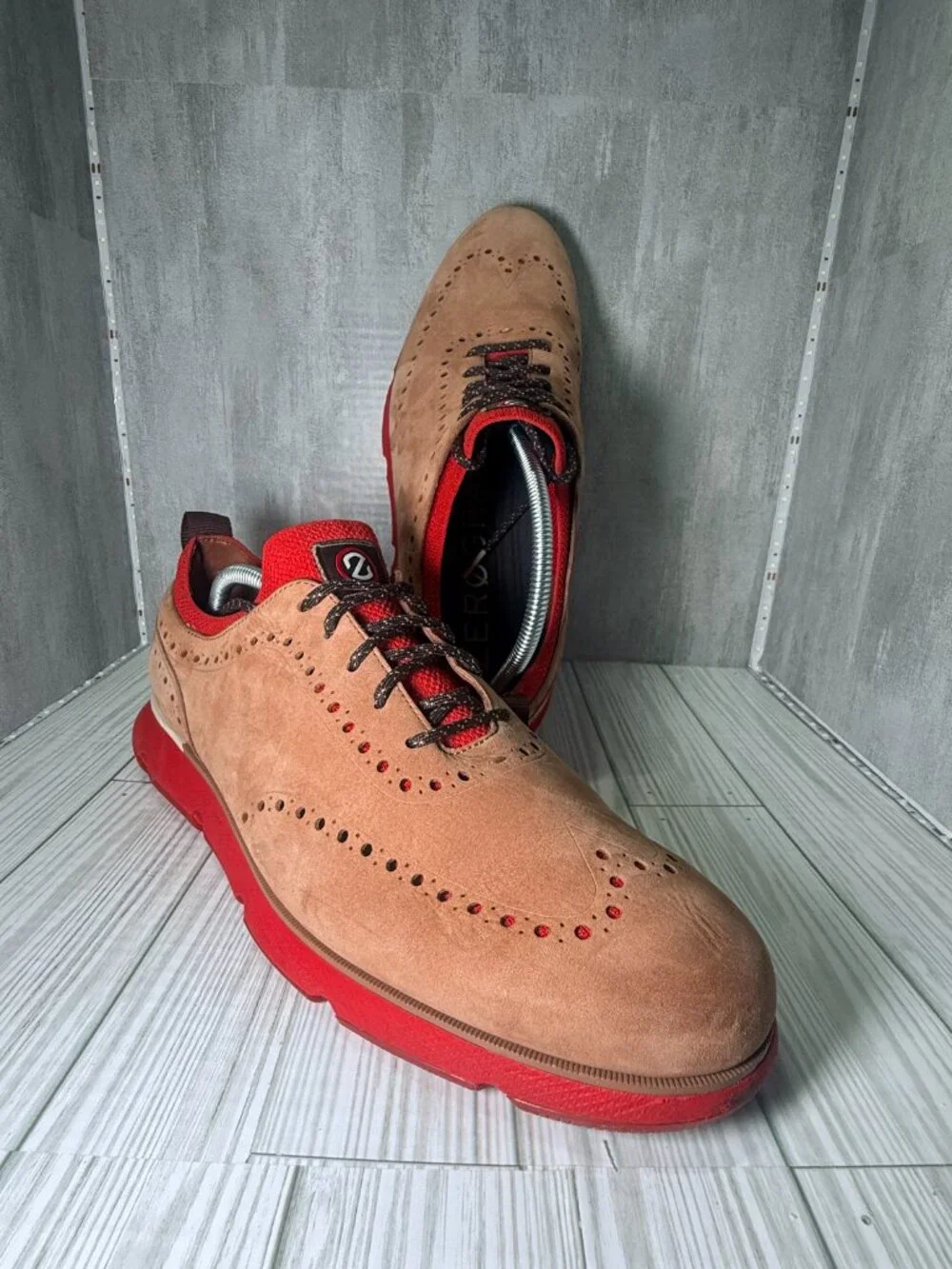 Cole Haan ZERØGRAND Wingtip Oxford Shoes Men's 13M Tan Suede Red C33628 EXCELLEN